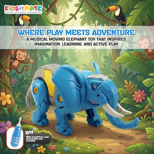 Image of Kidsmate DIY Elephant Robot Toy for Kids Age 3+ Years | Battery Powered Walking Animal with Real Sound & Music | Interactive Fun STEM Learning Toys for Boys & Girls - Blue