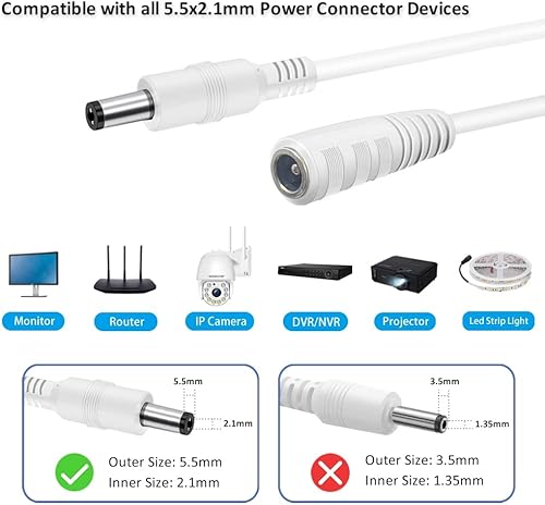 Miniatura 5 de Hosafe - Cable de extensión de alimentación de 12 V CC, cable de extensión de adaptador de corriente blanco de 33 pies, conector de cable de