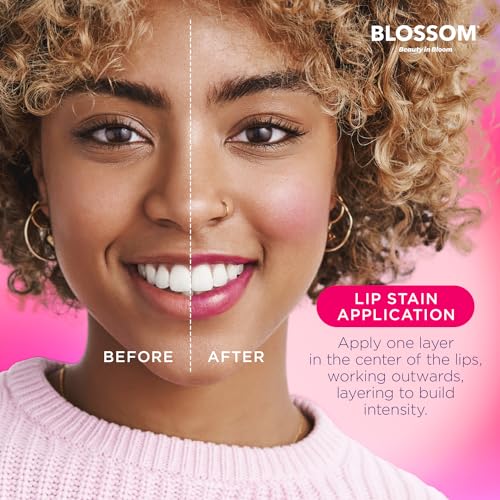 Blossom Color Lock Hydrating Longlasting Lip Stain and Tint for Lips & Cheek, Buildable, Non Drying, Smudgeproof + Transfer Proof, Made in USA with Doe Foot Applicator, 0.14 fl oz/4ml, Blooming Rose