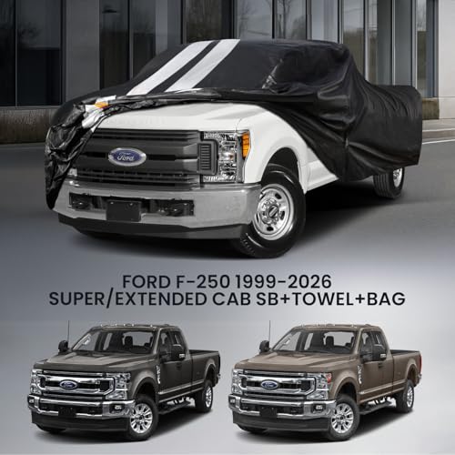 Image of Ford F250 Truck Cover Custom Fit 1999-2026 Super Cab /Extended Cab Short Bed(6.8'-8.2') with Door Zipper, 10 Layer Outdoor Heavy Pickup Truck Cover Waterproof All Weather, Wind Dust Sun Protector.