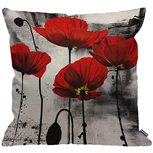 HGOD DESIGNS Housse de coussin vintage avec motif coquelicot rouge et fond noir aquarelle, pour homme/femme, salon, chambre à coucher, canapé, chaise, 45 x...