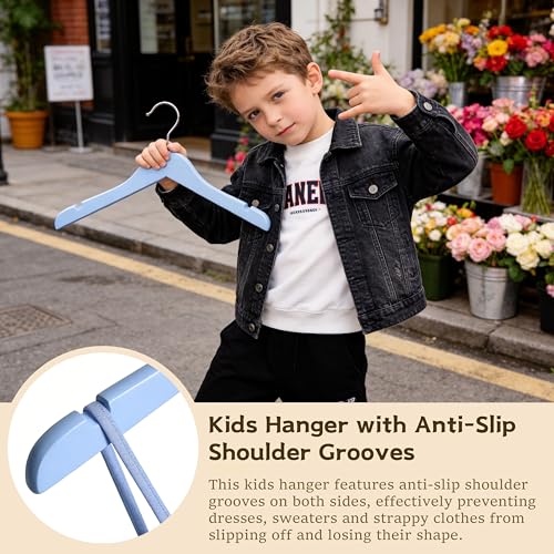 Woodar Rainbow Natural Kids Children Baby Wood Wooden Clothes Dress Shirt Hangers - 360°Stronger Flexible Hook- Extra Smoothly Cut Notches, 10 Pack (Blue) — view 5