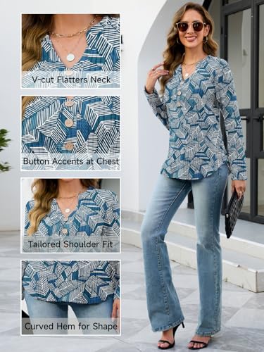 VUTRU Womens Tunic Sweater Long Sleeve Henley Shirt Knit Pullover Blouse V Neck Top Dressy for Fall Trendy, Blue Geometry L — view 5