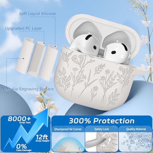Image of for Airpods 4 Case, Ekoonpft Flower Engraved Cases for Apple AirPods 4th Generation 2024, Soft Silicone Cover for Women Girly with 3-in-1 Cleaner Kit, Keychain, Military Grade Protection