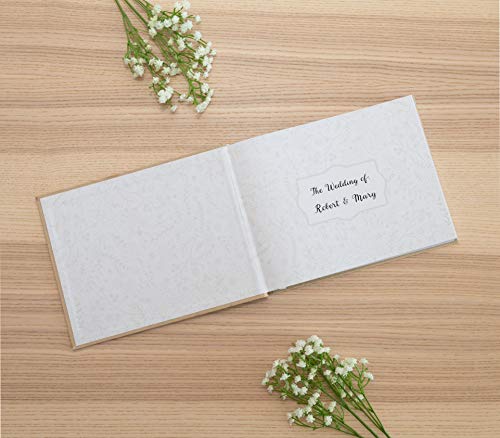 Image of Pearhead Linen Wedding Guest Book with White Script, Elegant Bridal Shower & Wedding Keepsake, Includes Pen, 100 Blank Pages, 7 x 9, Beige