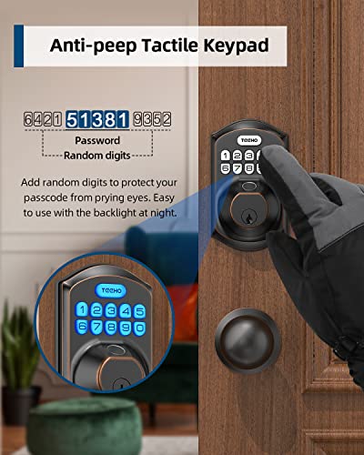 Teeho Te002K Fingerprint Door Lock Set - Keyless Entry Door Lock With Handle - Door Knob With Keypad Deadbolt - Smart Locks For Front Door - Auto Lock - No Need App - Easy Installation - Bronze #TOP3