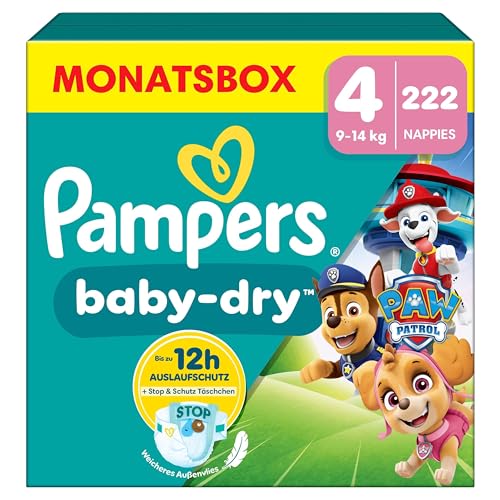 Pampers Baby-Dry Paw Patrol Edition Größe 4, 222 Windeln, 9kg-14kg, Bis zu 100% Auslaufsicher & Komfortable Nacht
