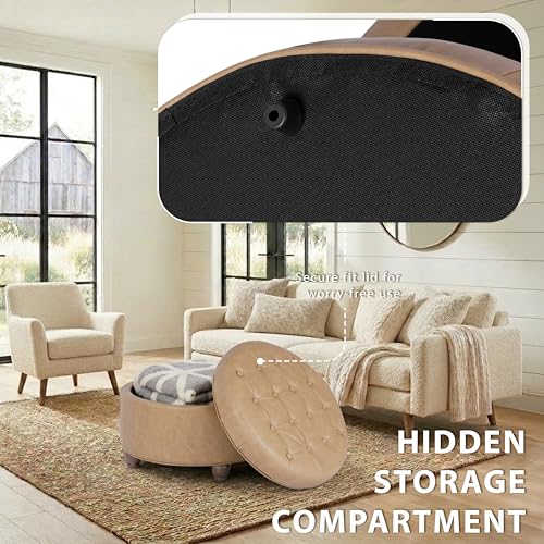 Image of HomePop 25 inch Button Tufted Round Storage Ottoman - Sand Faux Leather