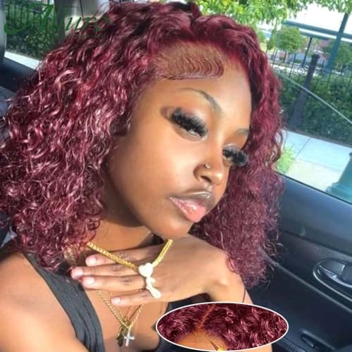 Image of Srakuw Wear and Go Glueless Wigs Human Hair Pre Plucked Pre Cut 99j Burgundy Lace Front Wigs for Black Women 180 Density Water Wave Bob Wig Human Hair Curly Wig(12 Inch)