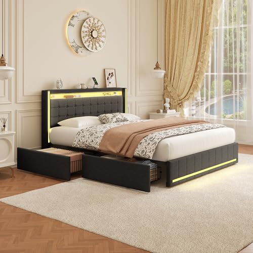 Polsterbett Doppelbett 160x200 cm, Stauraumbett mit 4 Schubladen, Bett 160x200 mit Bettkasten und Lattenrost, LED Kopfteil mit USB Ladestation, Jugendbett Funktionsbett Rückenlehne Bett, Leinen – Bild 5