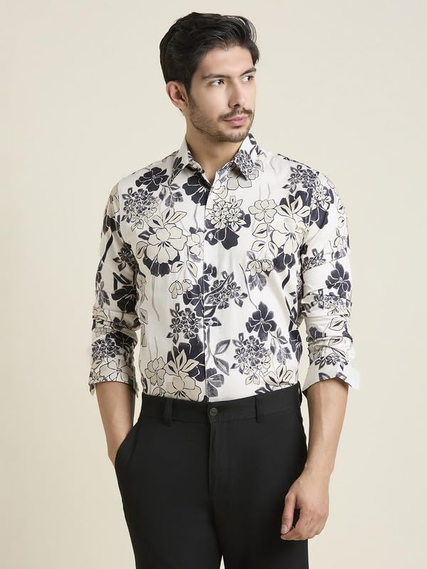 Image of MARK & ALBERT Men's Printed Full Sleeves Regular Fit Shirt Blue | 100% Cotton Stretchable Fabric