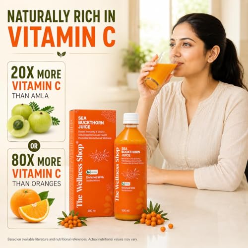Image of The Wellness Shop Himalayan Sea Buckthorn Juice 500ml x3 | Cold Pressed Seabuckthorn Berry Pulp Concentrate with Natural Vitamin C Omega 3 6 7 9, Antioxidants | Supports Immunity Skin Glow Gut Health