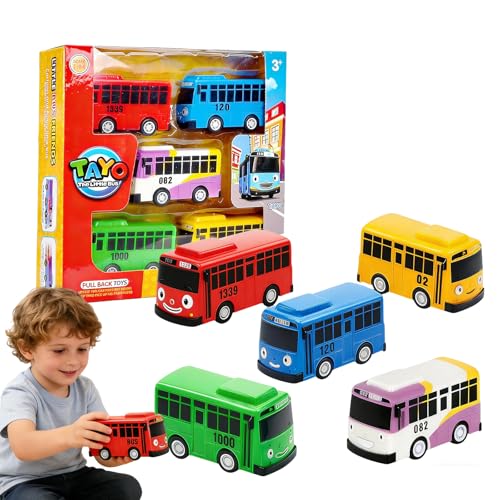 JiaQuenWex Bus Toy 5PCS The Little Bus School Buses with Box Die-Cast Pull-Back Vehicles 1:64 Scale Model Cars Mini City & Double-Decker Buses Collectible Toy Set for Imaginative Play & Display