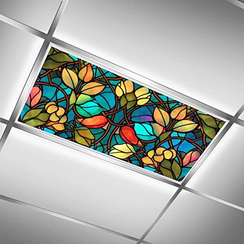 MSINMKOK Colorful Retro Stained Glass Floral - Fluorescent Light Covers - 2x4 Drop Ceiling Fluorescent Decorative Ceiling Light Cover Skylight Film Filter