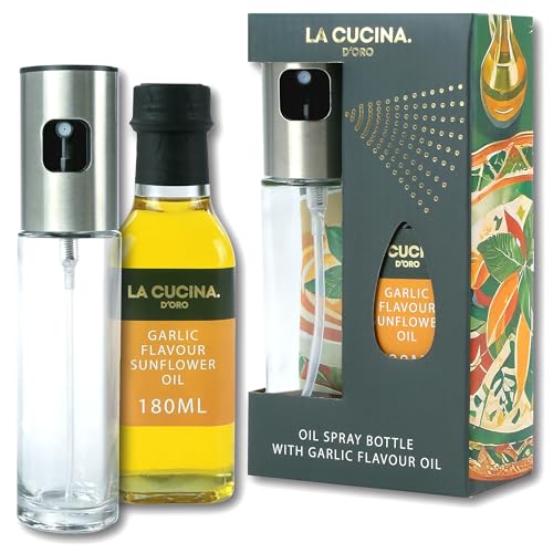 La Cucina D’Oro Oil Sprayer for Cooking & Air Fryer - 90ml Refillable Glass Oil Mister with Stainless Steel Pump + 180ml Garlic Sunflower Oil - Kitchen Gift Set for Roasting, Salad, BBQ & Baking