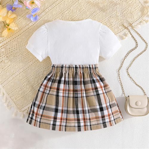 Girls Dress Set 2 Piece Ribbed Knit Crop Top and Plaid Pleated Skirt Preppy Dress Tartan A Line Skirt School Uniform Outfits2