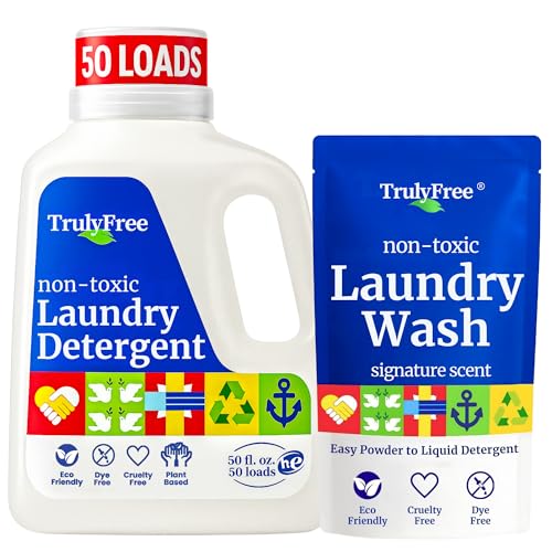 Truly Free Natural Laundry Detergent for Sensitive Skin | Eco Friendly, Plant Based, Baby Clothes Safe | Clean & Easy Powder to Liquid, 1 Pack Detergent + 1 Refillable Jug | Signature Scent, 50 Loads