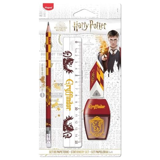 Maped - Set de Papeterie Gryffondor 4 Pièces - 1 Règle Transparente 15cm + 1 Taille-Crayons 1 Trou + 1 Gomme + 1 Crayon Papier HB - Licence Harry Potter Officielle