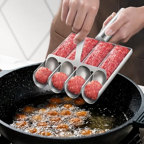 Dexmary Meatball Maker 4-reihigen,Fleischbällchen Maker mit Schneidspatel,Fleischbällchen Former zur Herstellung von Frikadellen, Fischbällchen, Krabbenbällchen