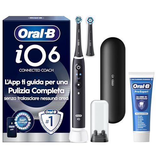 Oral-B iO 6 Spazzolino Elettrico Ricaricabile, con 2 Testine di Ricambio, Nero - 2 Testine di Ricambio per Spazzolino Elettrico, Custodia da Viaggio + 1 Dentifricio Pro Expert, Pulizia Denti Efficace
