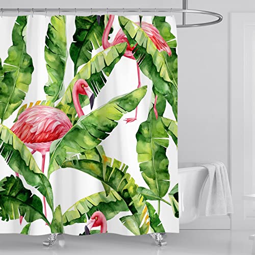 OCEUMACO Cortina Ducha Antimoho Diseño de Hojas Plátano Verde Flamenco Rosa Cortinas de Baño Lavables 180x180 Tela Impermeable Plantas Jungla Tropical Cortina de Ducha Poliéster con 12 Anillas Cover