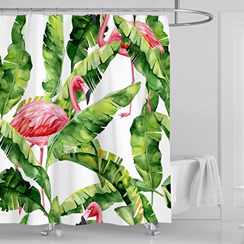 OCEUMACO Duschvorhang 120x200 Grün Bananenblätter Rosa Flamingo Shower Curtains Textil Antischimmel Dschungel Pflanzen Blätter Motiv Duschvorhänge Badewanne Stoff aus Polyester Waschbar