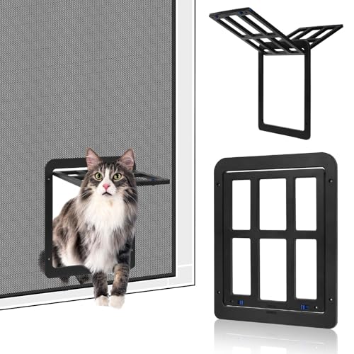 Adiwo Katzenklappe für Fliegengitter, 31.5 x 25 cm Schwarz Automatischen Verschluss Hundeklappe Fliegengitter Balkontür mit Katzenklappe Haustierklappe mit Kreuzschlitzschraubendreher