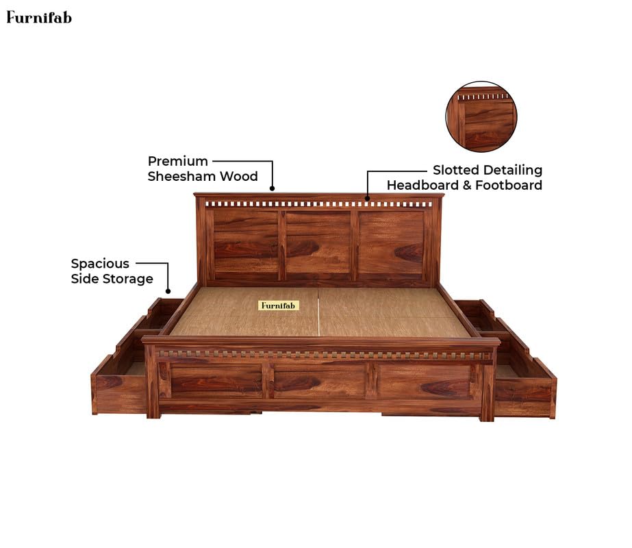 Image of Solid Sheesham Wood Queen Size Bed with Side Drawers Storage and Headboard | Durable Wooden Double Bed Cot Palang Furniture for Bedroom, Living Room, Hotel, Home and Guest Room (Honey Finish)