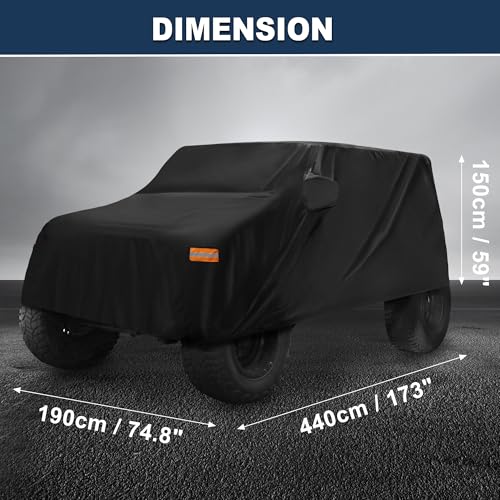 Image of Car Cover Waterproof All Weather with Driver Door Zipper for Jeep Wrangler JK JL 2 Door 2007-2021 / Full Exterior Cover /Durable 210D Oxford Cloth / 1Pcs Black