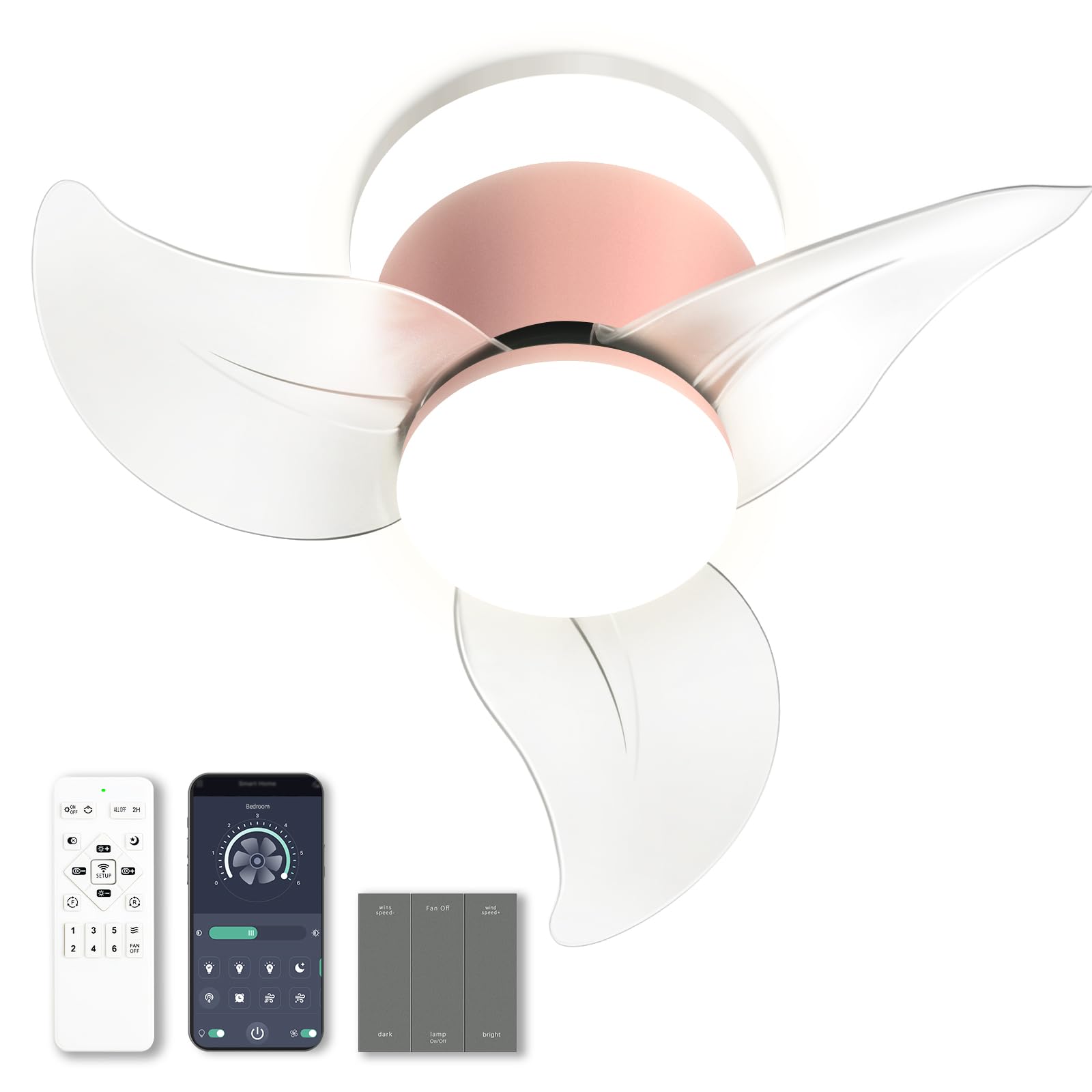 Photo 1 of OKELI Pink Small Ceiling Fan with Lights and Remote & APP Control- 21''LED 40W Dimmable Modern Clear Ceiling Fan Pink Adjustable Color Flush Mount Modern Ceiling Fan for Bedroom Kitchen Pink Ceiling Fan