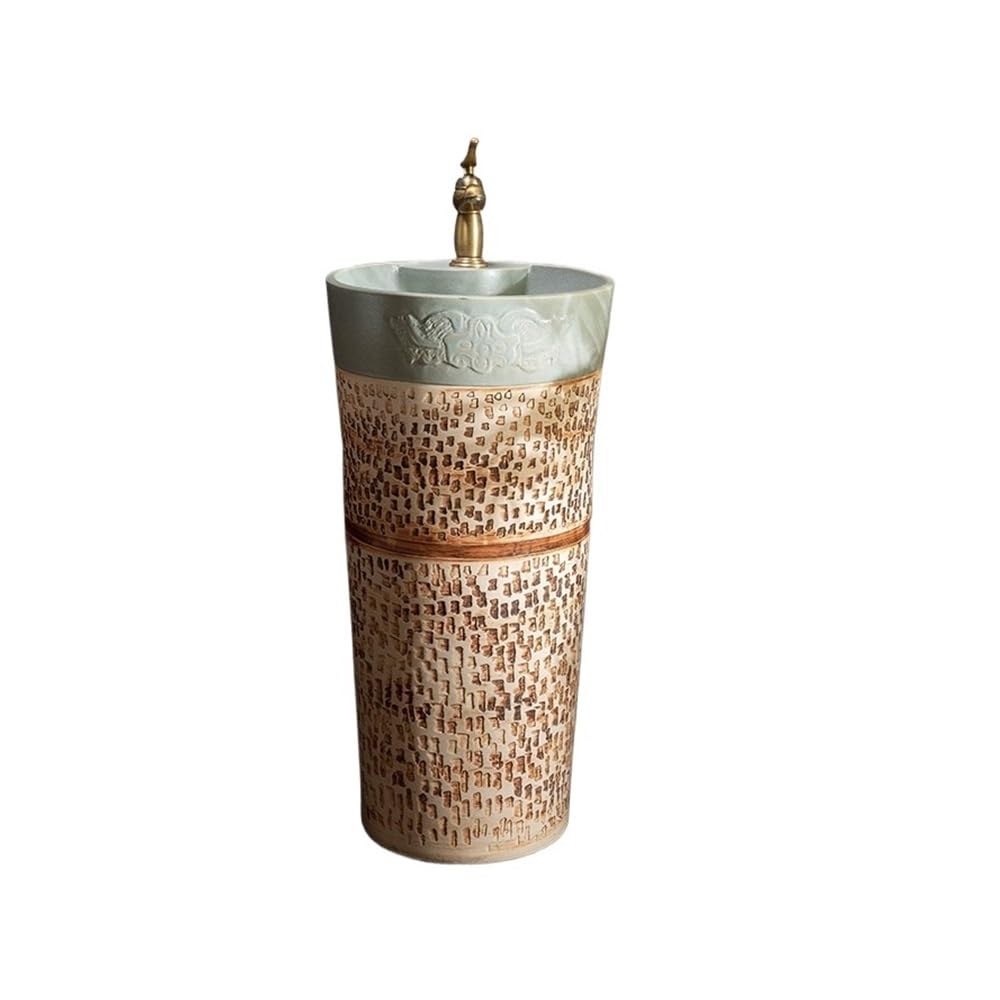 Free-Standing Freestanding Ceramic Bathroom Pedestal Sink Outdoor Integrated wash Basin with Faucet and Drain kit Lavatory Column