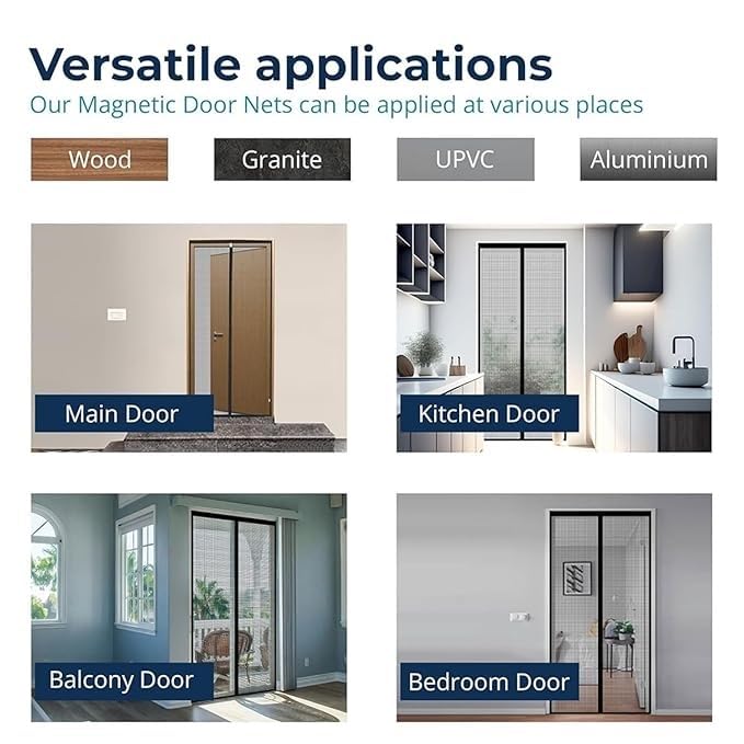 Image of Mosquito Net for Door Polyester Magnetic Curtain Auto Closing Insect Screen for All Door Types & Sizes with Self Adhesive Hook Tape (210 * 100cms, Black)