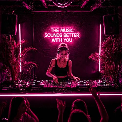 Image of Neon Sign, The Music Sounds Better with You Neon Signs for Wall Decor Neon Pink LED Signs Room Neon Light Up Signs Home Decor for Business Bedroom Club Party Bars Shop USB Operated