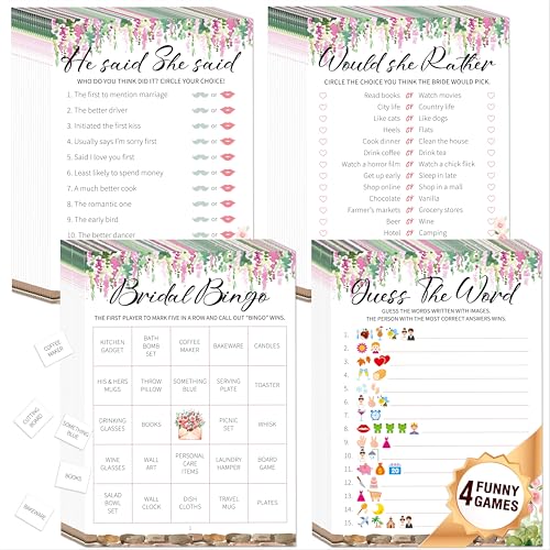 Image of Bridal Shower Game Set, 4 Fun Games & Activities - Bingo Game /Would She Rather /He Said, She Said /Guess The Word for 30 Guests, All-in-one Set Wedding Party Supplies