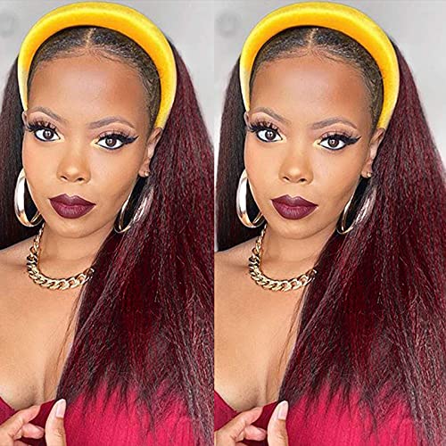 Nuyoah Kinky Straight Headband Wigs for Women Long Synthetic Headband Wigs for Black Women Burgundy Color Yaki Straight Hair for Daily Party Wear Easy to Wear
