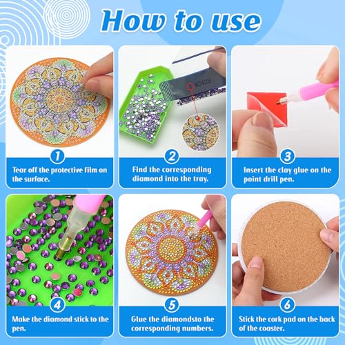 Image of ZTOTZ Ocean Diamond Art Coasters Kit, 8Pcs DIY Crafts | Includes Holder Stand, Cork Backing Pads, Ideal Christmas Gift, For Adults & Beginners, Round 3.9in / 10cm Size