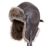 Ciamlir Russische Mütze Wintermütze Ushanka Herren Damen Pilot Flieger Bomber Trappermütze Kunstpelz Leder Schneemütze Mit Ohrenklappen Warme Mütze,Braun,57-58Cm