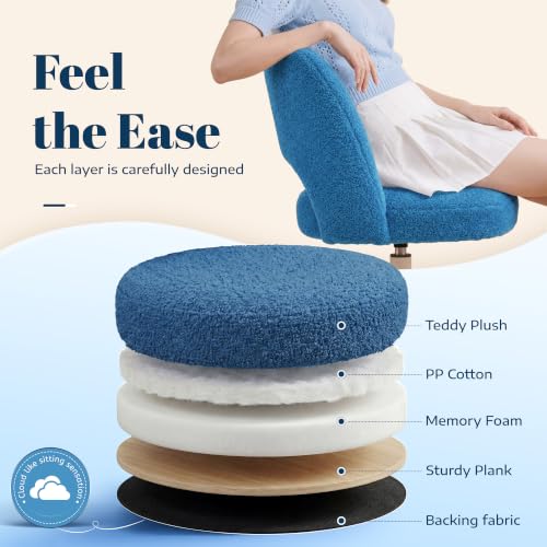 Image of DurayLoly Vanity Chair with Wheels,Soft Teddy Fabric 6 inch Thick Cushion, Height Adjustable 17.5 inch-21.5 inch, Open Back, 360 Swivel for Vanity Table, Home Office Dark Blue