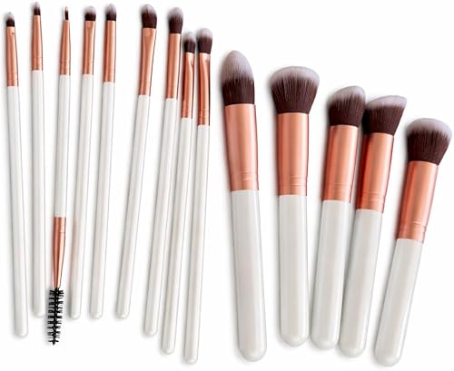 14-Piece Makeup Brush Set, White & Rose Gold, Ultra-Soft Synthetic Bristles, Face & Eye Brushes, Portable