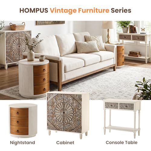 Image of HOMPUS Fully Assembled Round Nightstand, 3 Drawer Chest of Drawers, Wood Rustic Farmhouse Dresser, Retro Modern Night Stand, Wood Rustic Farmhouse Dresser with Drawers for Bedroom, Brown + White