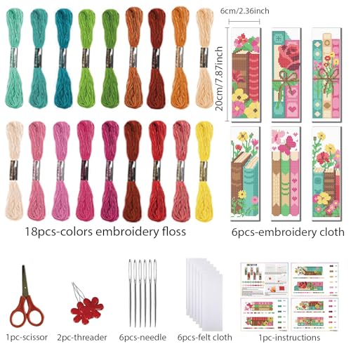 Image of FREEBLOSS 6 Set 11CT Cross Stitch Bookmarks Kit Books Theme Stamped Cross Stitch Kit DIY Embroidery Bookmark Set with Instruction for Adults Beginners Gift for Reading Enthusiasts 20x6cm /8x2.4inch