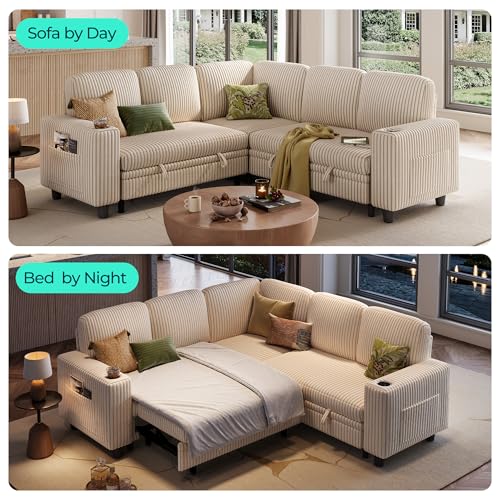 Image of LINSY HOME 81 inch Modular Sectional Couch with Pull Out Bed, L Shaped 5 Seats Sofa with Storage Loveseat, Corduroy Convertible Sofa Bed, USB, Cup Holders, Side Pocket, Sleeper Sofa for Living Room, Beige