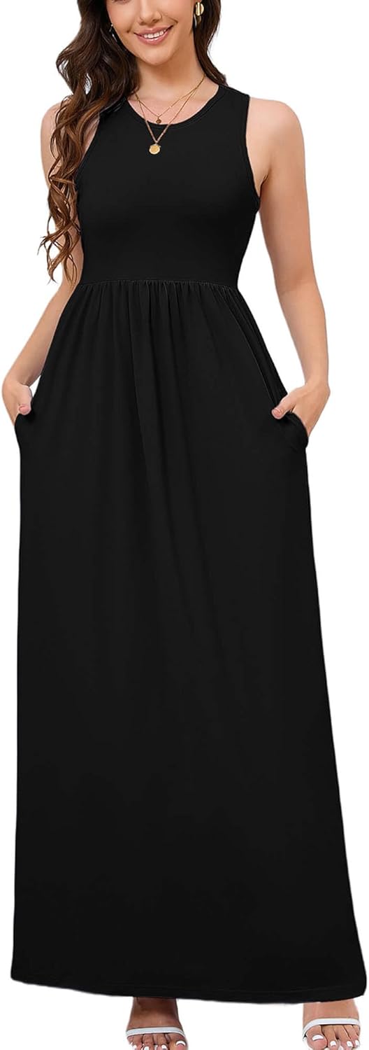 DEARCASE Women's Sleeveless Maxi Dress Casual Plain Loose Summer Vacation Beach Long Dresses with Pockets