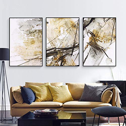 Toile aquarelle réalisme abstrait dorée 60x90cm x3 sans cadre pour salon
