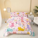 QOOMO Floral Cat Comforter Twin Size,Pink Cat Bedding Set for Kids Teens Girls,3Pcs Bedding Set Printed Comforter with 2 Pillowcases,Down Alternative,Soft and Lightweight(Pink，Twin Size)