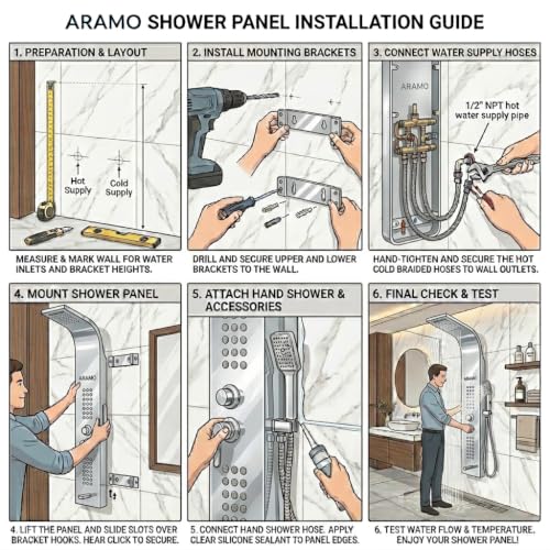 Image of ARAMO Shower Panel - Wave with Waterfall Shower, Massage Jet, 5 Water Functions (Chrome)