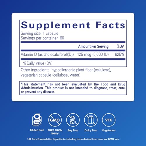Image of Pure Encapsulations Vitamin D3 125 mcg (5,000 IU) - Supplement to Support Bone, Joint, Breast, Heart, Colon, and Immune Health* - with Vitamin D - 60 Capsules