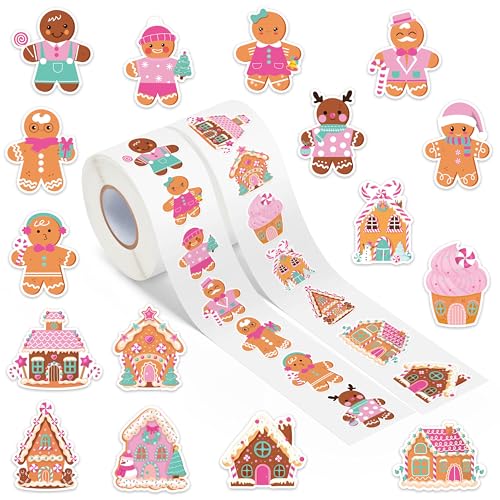 GUjianzhi Christmas Gingerbread Sticker Rolls – 1000Pcs Pink Gingerbread Man Candy Cane House...