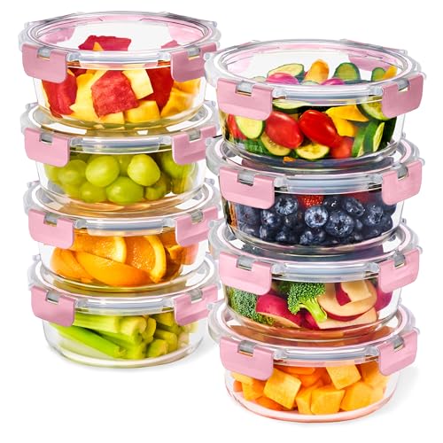 Sorbus 16pc Glass Meal Prep Containers Set – 8 Round 32oz Containers with Airtight Lids – Freezer, Dishwasher, Oven Safe – Reusable Food Storage Bowls, 4 Cup Capacity for Meal Prep and Storage, Pink