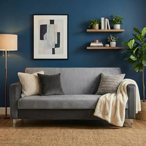 Image of FURNY Livingud 3 Seater Fabric Sofa Set (Light Grey-Dark Grey) in Premium Velvet Finish, Ideal for Living Room, Offices